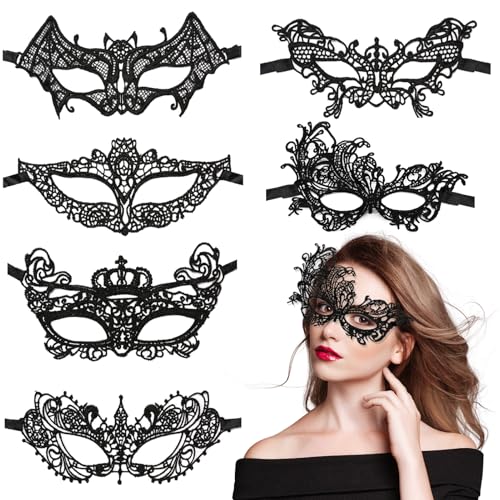 VOPIWOZ Halloween Maske Damen, 6 Pcs Spitzenmaske Schwarz Damen, Venezianische Maske Spitze, Halloween Augenmaske Aus Spitze Ideal für Maskenball,...
