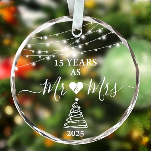 15 Year Anniversary Ornament 2025, 15th Anniversary Wedding Gifts for Couple, 3' Glass...