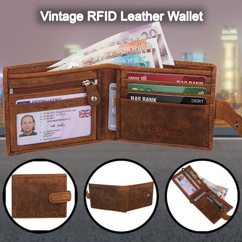 Mens RFID Contactless Card Blocking Id Protection Wallet Real Disressed Hunter Leather Classic Bifold Wallet with Gift Box 1100 (Brown)4