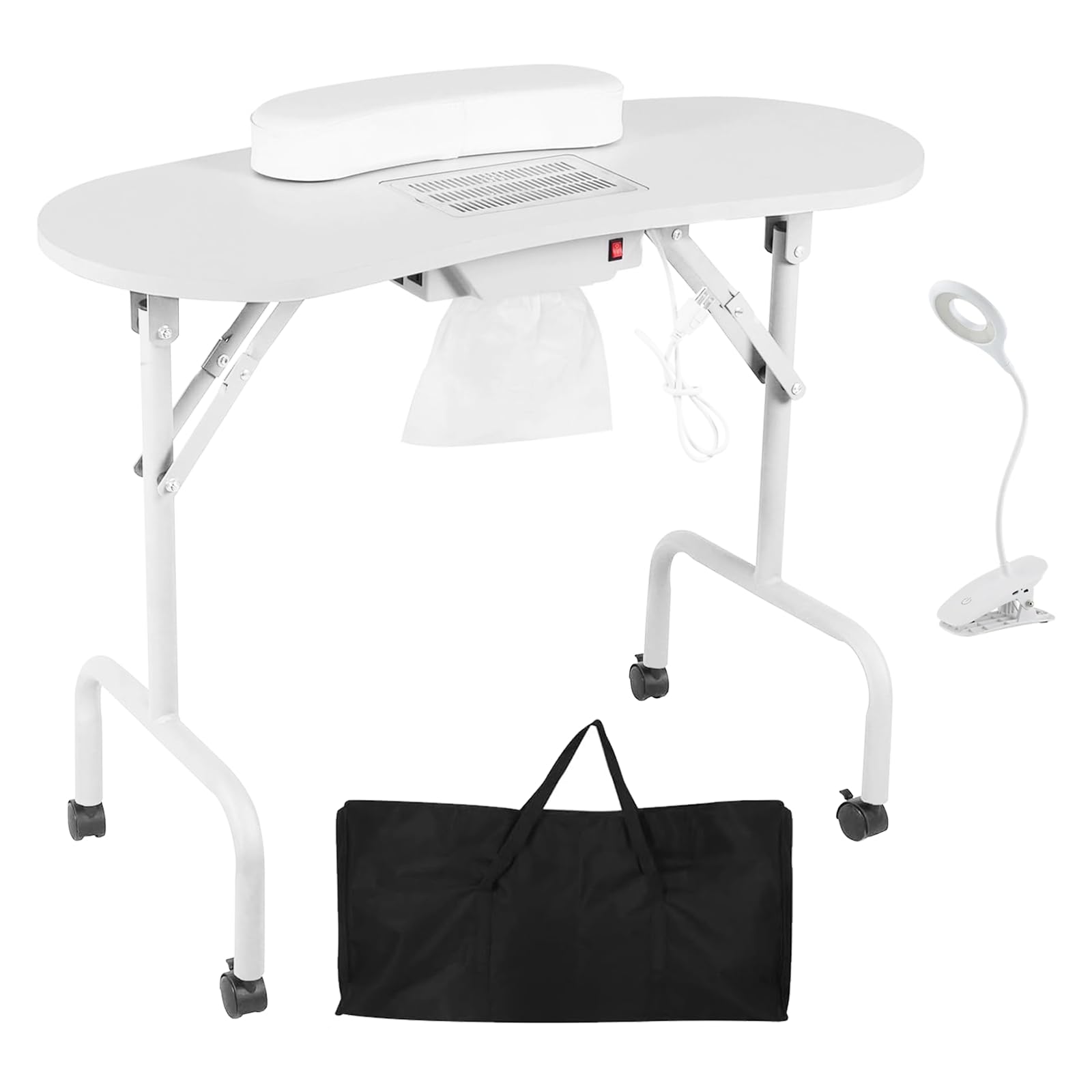 Mesa Uñas, Mesa Manicura Plegable Mesa Manicura Con Ventosa 90x44x72cm Mesa Manicura Con Aspirador Uñas Mesa Manicura Móvil Con LáMpara De Uñas Con Clip LED USB Regulable Bolsa Transporte 4 Ruedas