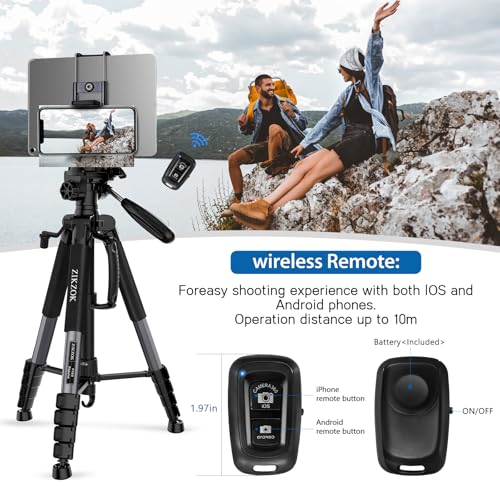 75" Camera Tripod, Heavy Duty Aluminum Camera Stand for ipad Phone, Travel Tripod with Remote/Carry Bag/Phone Tablet Holder, Compatible with DSLR, Spotting Scopes, Max Load 15 Lb(Grey)