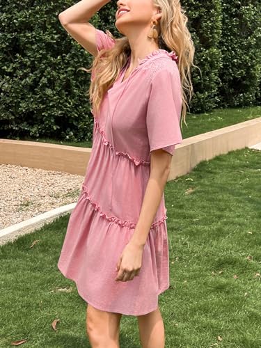 Image of Dellytop Womens Drawstring V Neck Dress Ruffle Tiered Short Sleeve Babydoll Tunic Swing Sundresses