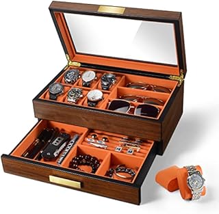 ikkle Wooden Watch Box for Men,Solid Wood Watch Display Case with Valet Drawer,2-Layer Luxury Jewelry Organizer with Real Glass Top ,Storage Gift Box for Watches, Sunglasses, Rings, Cufflinks etc