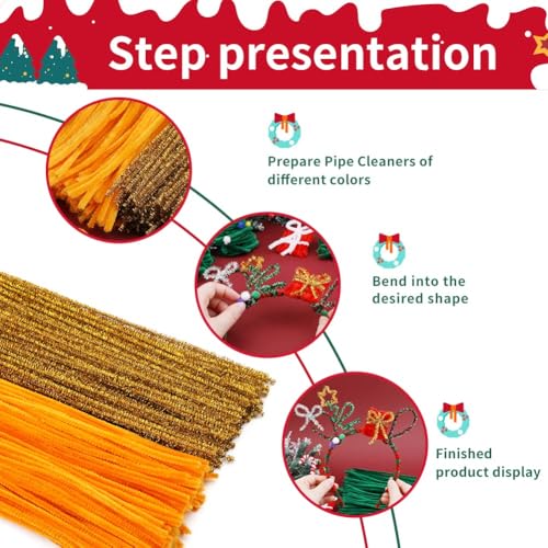Image of Pipe Cleaners, 200PCS Orange /Glitter Gold Craft Chenille Stem | Pipe Cleaners Chenille Stem, 100PCS Orange+100PCS Glitter Gold Fuzzy Sticks Pipe Cleaners Bulk for DIY Sunflower Decoration