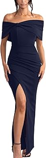 Women's Elegant Strapless Ruffle Shoulder Short Sleeve Side Split Bodycon Ruched Formal Dress