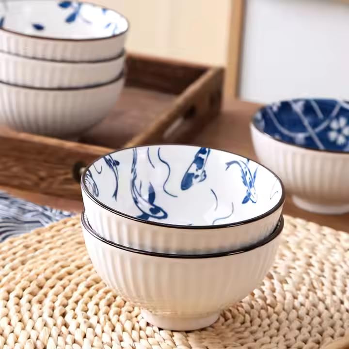 Image of 6-Piece Ceramic Dinner Set, 2 Plates & 4 Bowls, Microwave Safe, Dishwasher Safe, Floral Dinnerware (Blue White Floral, 2 Plate & 4 Bowl Set)