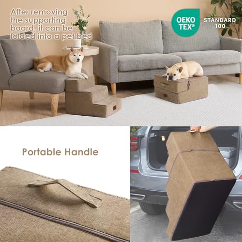 Image of EHEYCIGA Dog Stairs for Small Dogs 13.5 inch H, 3-Step Dog Steps for Couch Sofa and Chair, Pet Steps for Medium Cats, Non-Slip Balanced Pet Ramp Indoor, Camel