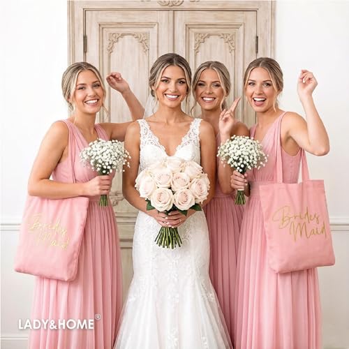 Image of LADY & HOME 6pcs Bachelorette Party Tote Bag, Bride Bridesmaid Cotton Tote Bag for Wedding Gifts