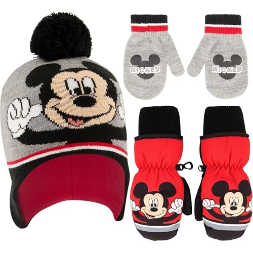 Disney Boys Toddler Winter Hat with Knit Mittens and Insulated Ski Mitten Set, Mickey Mouse For Age 2-4