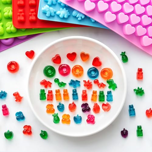 Image of WARM TIME Gummy Bear Candy Molds Silicone, Mini Gummy Molds with 2 Droppers & 1 Cleaning Brush, Food Grade Non-Stick Silicone Molds Including Heart, Dinosaur, Bear, Donut, and Fruit, Set of 5