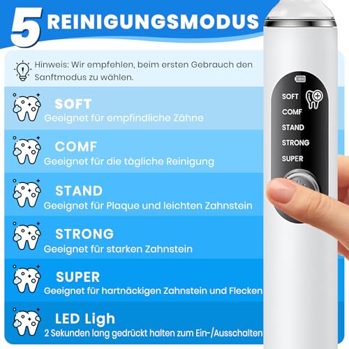 Bibykivn Zahnreiniger Ultraschall für Hund, Hundezahnreinigungsset, Zahnreiniger für Haustiere mit LED-Licht, 5 Reinigungsmodi, 4 Reinigungsköpfe (Weiß)