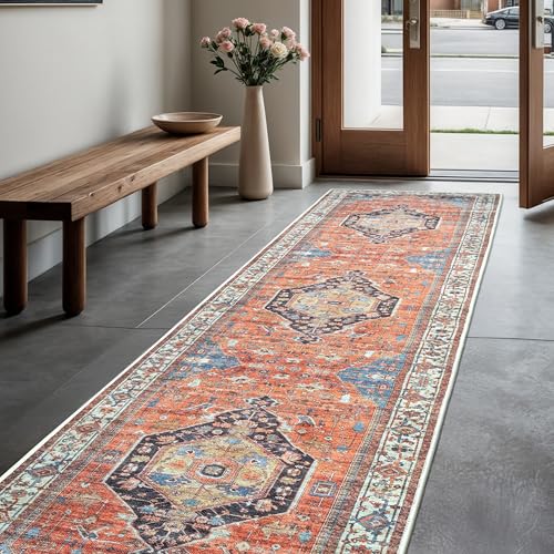 GLN Rugs Vintage Collection - Machine Washable Area Rug, Vintage Washable, Non Slip, Low Pile Rug, Living Room, Bedroom, Bathroom Rug - Easy Clean (2'6'x10' Terra and Multicolor)