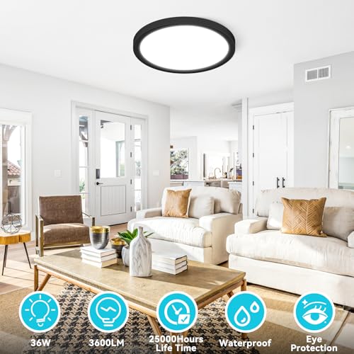 Image of libtit 16 inch Black LED Ceiling Lights, 36W 3600lm, 3 Color Temps 3000K /4000K /6500K, Large Flush Mount Fixture for Kitchen, Hallway, Bedroom, Living Room, 120V ETL Listed, 1Pack