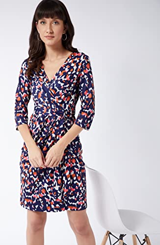 Image of Miss Chase Women's Multicolored-Base-Navy Blue V-Neck 3 /4th Sleeve Animal Wrap Knee Length Dress