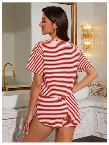 Image of OYOANGLE Womens Pajama Sets 2 Piece Sexy Lounge Sets Summer Cute Pjs Striped Print Tee and Side Split Shorts Set
