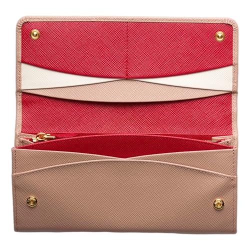 Prada Womens Saffiano Leather Sand Beige Rosso Red Multicolor Long Wallet with Zipper 1MH1324