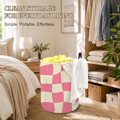 Image of Abstract Chessboard Laundry Basket, Foldable Oxford Cloth Pink Checkerboard Laundry Hamper with Handles, Tote Bag Clothes Storage Bucket for Laundry Room /Bathroom /Bedroom /Dormitories 20.8 inchx16 inch
