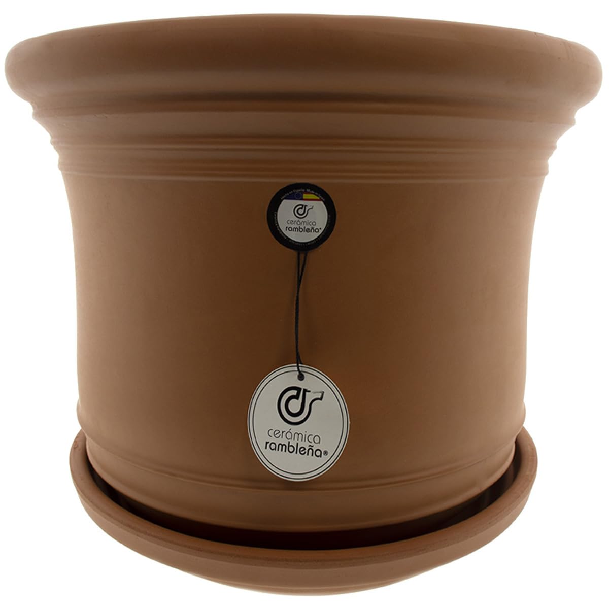 CERÁMICA RAMBLEÑA | Maceta Grande | Maceta Original | Maceta Exterior | Maceta Suelo Campana Baja Terracota - Modelo J50 | Plato Incluido | 33x33x30 cm