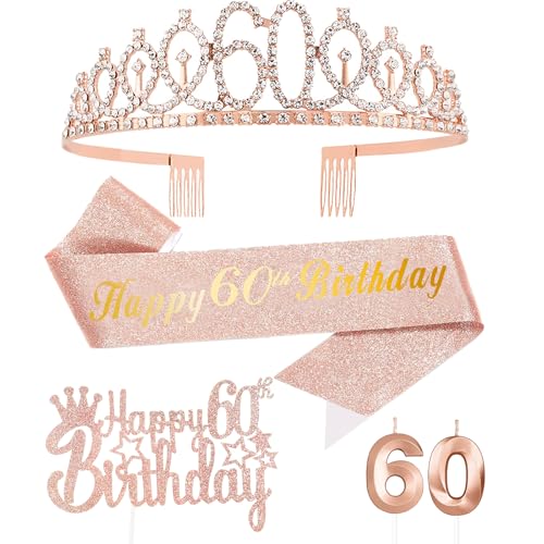 60 Años Corona Banda Cumpleaños Mujer Tiara Corona y Faja de Oro Rosa, Velas Cumpleaños Numeros 60 Cake Topper de Tarta Decoración Fiesta