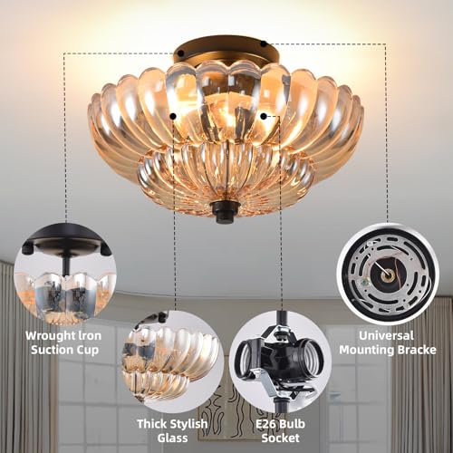 Image of Semi Flush Mount Ceiling Light, 11.8 Inch Black Vintage Hallway Light Fixture with Amber Glass, Close to Ceiling Light for Bedroom Kitchen Living Room Bathroom Foyer, E26 Base
