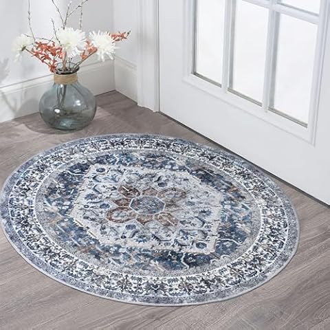 KOZYFLY Boho Round Rug 3 Ft Rugs for Entryway Washable Circle Rug Non Slip Round Doormat Blue Printed Faux Wool Vintage Round Entryway Rug Floor Carpet Round for Entrance, Entryway, Bedroom Cover