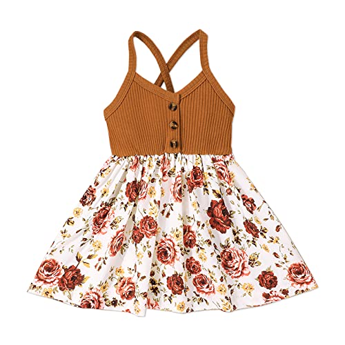 Image of Baby Girl 95% Cotton Ribbed Button Front Spaghetti Strap Splicing Floral Print Dress with Headband Set