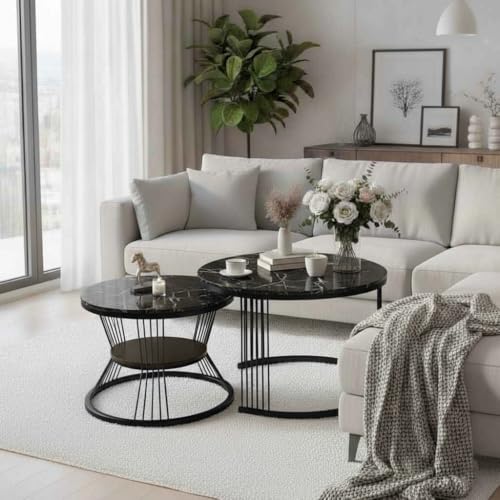 Image of Round Coffee Table Set of 2 for Living Room Wooden Top with Gold Metal Frame Modern Nesting Center Table for Sofa Area Home & Office Furniture (Full Black)