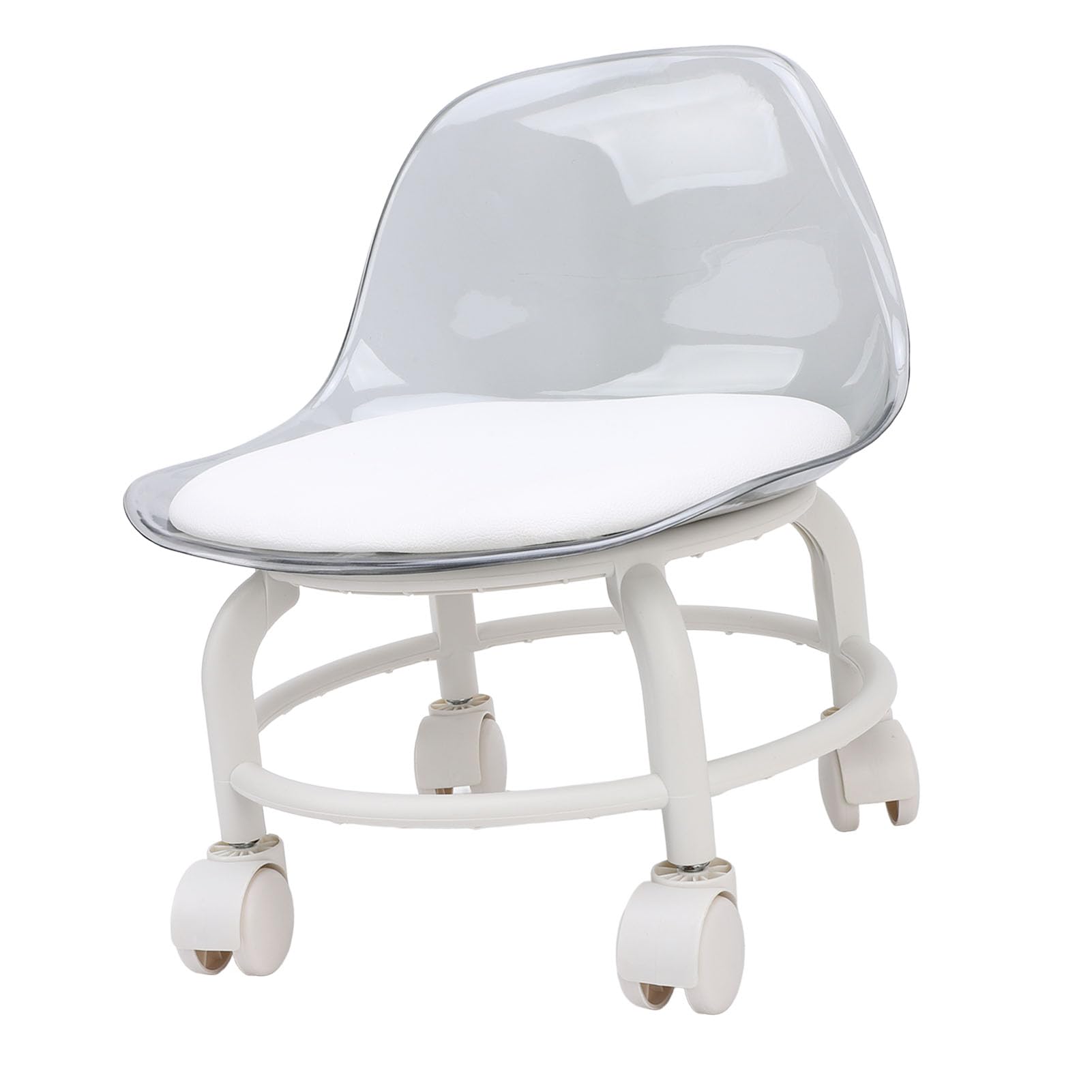 Alomejor Petit Tabouret Roulant Bas en Acrylique avec Support Dorsal et Roues silencieuses. Mini Roulant Flexible pour Salon de Spa (Blanc Transparent)