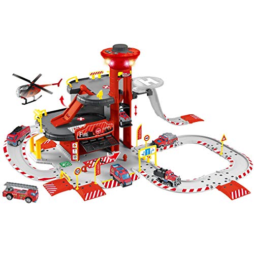 NEWRICE 3-Floors City Rescue Station Parking Lot Toy Set, with Lights & Sounds,1Helicopter+6pcs Metal Die- Fire Toy cast Cars,Track,Garage,Electric Lift.for 2.3.4.5.6 Year Boys & Girls/Kids