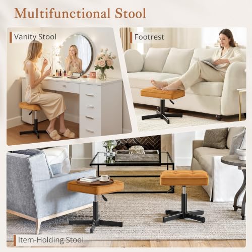Image of LUE BONA Adjustable Vanity Stool, 15''-19.5'' Foot Rest Under Desk, 360 Swivel Vanity Chair for Makeup Room, Ginger Yellow Upholstered Suede Ottoman for Bathroom & Living Room, 300lbs