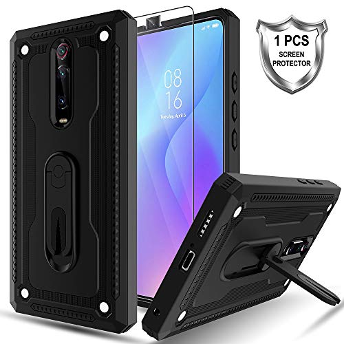 MP-MALL Funda para Xiaomi Mi 9T / Mi 9T Pro, [Soporte Giratorio] Carcasa Protector Case Cover con Screen Protector Vidrio Templado[1 Pack] para Xiaomi Mi 9T / Mi 9T Pro - Negro