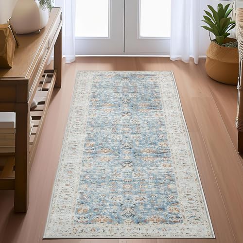 TOPICK Blau Läufer Teppich Wohnzimmer Waschbar Superdünne Vintage Blumen Perserteppich Kurzflor...
