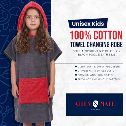 Image of ALLEN & MATE 100% Cotton Kids Hooded Surf Poncho Changing Robe, Quick Absorbent Wearable Swim Towel Boys & Girls, 6-13 Years