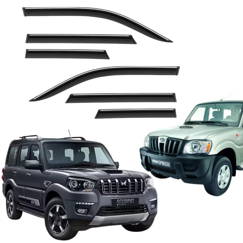 Image of CAR SAAZ Side Door Visors for Scorpio Type 1-4(2002-2021)(Set of 6Pcs)|Chrome Lined Rain Guards, Polycarbonate, Smoke Finish