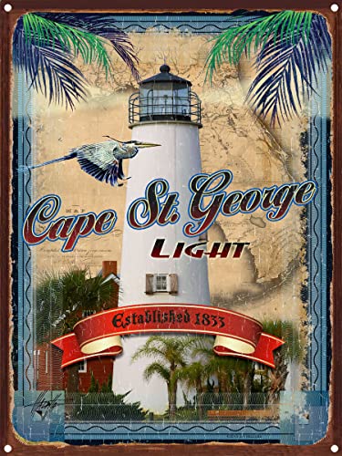 Cape St George Lighthouse Florida Rustic Metal Art Print from Illustration by Artist Jim Mazzotta 8.5" x 11.5"