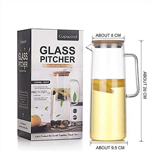 Cupwind Borosilicate Glass Hot/Cold Water Carafe Pitcher Wooden Infuser Lid 50 oz Explosion-Proof - Thumbnail 3