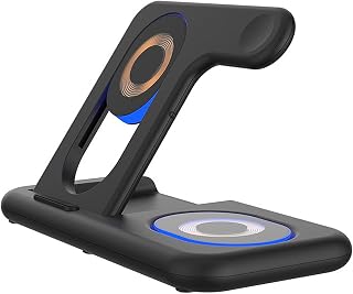 DAM Base de Carga Plegable 5 en 1. Base Magsafe 15W Ajustable, Cargador de Apple Watch y Base Qi. con luz de Noche táctil. Función Stand. 18,5x13,5x12 Cm. Color: Negro