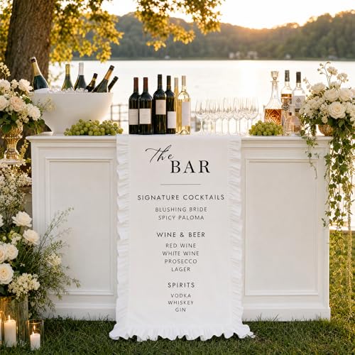 Image of Personalized Linen Bar Sign with Ruffled Edges Wedding Cocktail Menu Fabric Bar Menu Elegant Reception Decor Customized Table Runner for Engagement Party Decoration, Rustic Outdoor Garden Reception