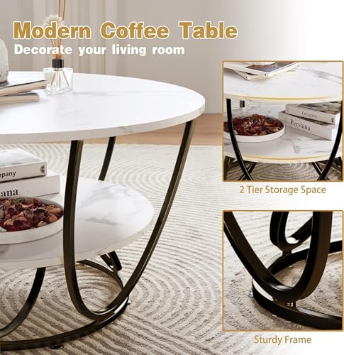 Image of Round Coffee Table Modern Sofa Side End Table for Living Room Center Table with 2 Shelf Storage Wooden Marble Print Tabletop Black White
