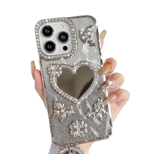 UMICASE for iPhone Case,Luxury Butterfly Glitter Diamond 3D Heart Shaped Ladies and Girl Make Up Mirror Cute Lipstick Mirror Soft Silicone Shock Proof