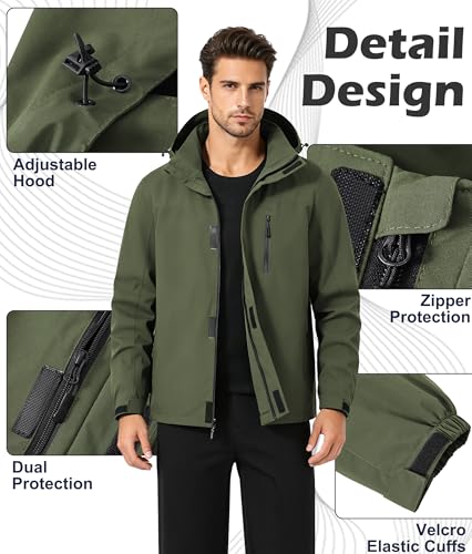 Image of Zoofly Mens Waterproof Hiking Jacket with Hood Windproof Light Weight Windbreaker Outdoor Fishing Raincoat Zipper Pockets