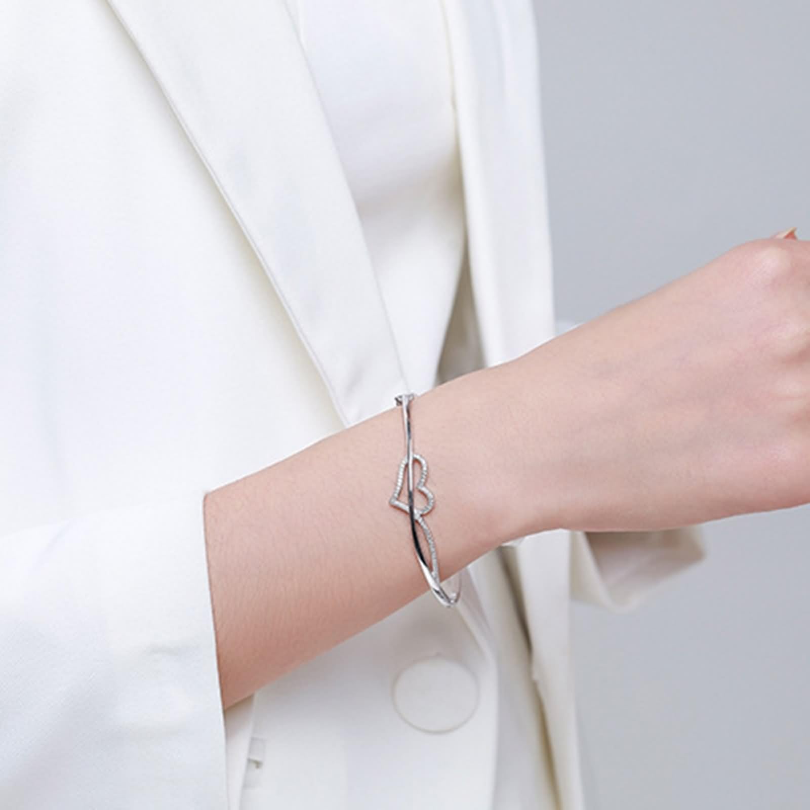 Braccialetti coordinati, da donna, a forma di cuore, con moissanite rotonda, oro bianco/platino 950