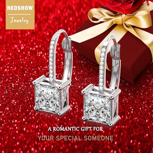 18K White Gold Plated Princess Cut Cubic Zirconia Drop Leverback Earrings Sterling Silver Square Simulated Diamond CZ Dangle Earrings for Women Hypoallergenic4