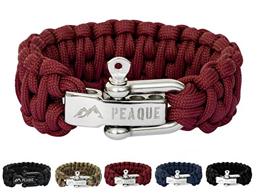 PEAQUE Survival Armband aus Paracord in dunkel-rot - inkl. eBook - Verstellbarer Edelstahlverschluss - breites Überlebens-Armband aus echter Fallschirmschnur (rot-braun)