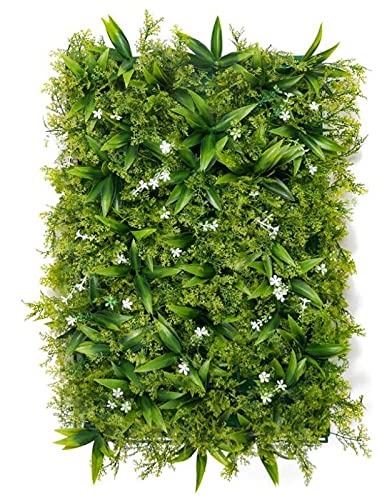 Image of Wall Grass (4 Pcs), Artificial Grass for Wall Decoration, Vertical Garden Artificial Mat, Grass Tiles for Balcony (Green and White Flowers, 60cm x 40cm x 8cm, Plastic, Pack of 4)