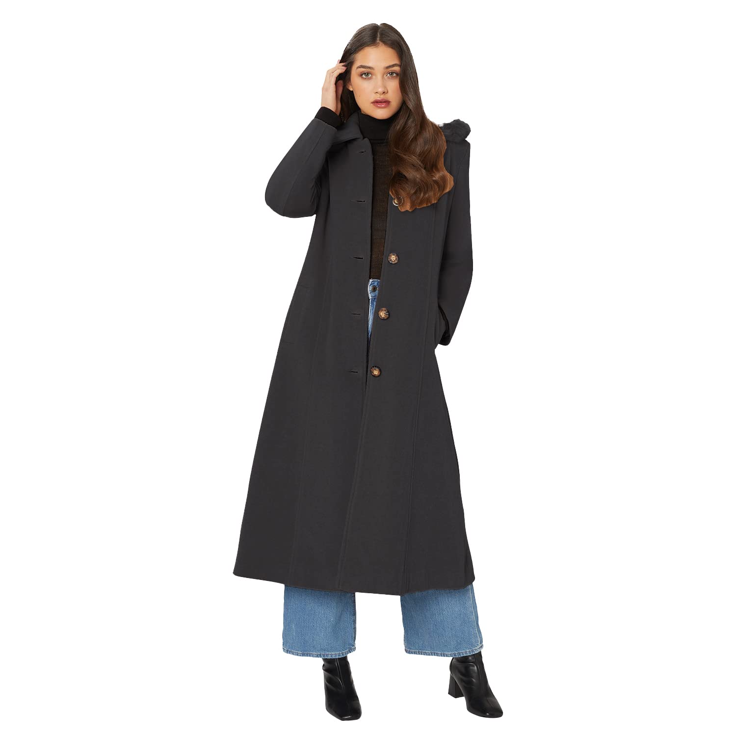 De La Crème - Grigio Scuro Single Breasted Pelliccia Staccabile Cappuccio Lana Inverno Trench Cappotto di Inverno Taglia UK 24 EUR 52 USA 20