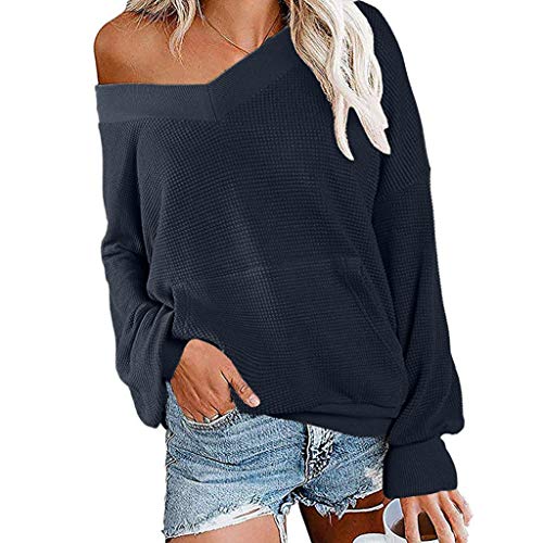 Preisvergleich Produktbild GOKOMO Frauen V-Ausschnitt Langarm Waffel Strickoberteil Schulterfrei Pullover Pullover Frauen Casual V-Ausschnitt Off-Schulter Top Waffel Strick Oversized Casual Pullover Pullover(Navy Blue,Small)