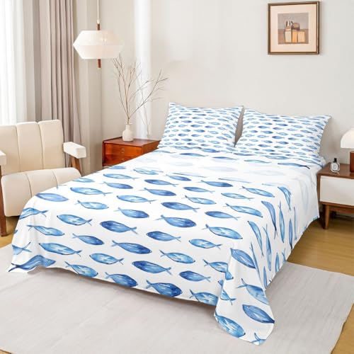 Image of jejeloiu Fish Bed Sheets Set Queen Size Summer Ocean Bed Set for Kids Boys Girls Abstract Stripe Deep Pocket Fitted Sheet Sea Animal Breathable Soft Lightweight Microfiber