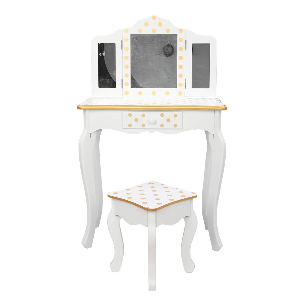 AMOPA Kids Princess Gisele Polka Dot Print 2-Piece Kids Wooden Play Vanity Set with Vanity Table, Tri-Fold Mirror, Storage Drawer, and Matching Stool, White with Gold Polka Dot Accent
