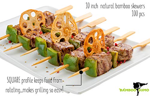 BAMBOOSUMO 10" Bamboo Shish Kabob skewers for Grilling | Extra Long | Flat Wood Skewer Shape w/Flag Paddle Handle - Thumbnail 3